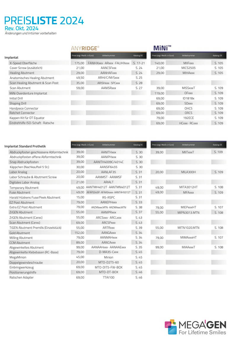 MegaGen AnyRidge Preisliste